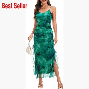 Mesh Maxi Dress with Spaghetti Straps Ruched Bodycon Formal Wedding Guest